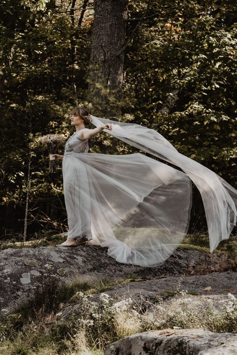 Bride Kelsie in a gray Jenna dress