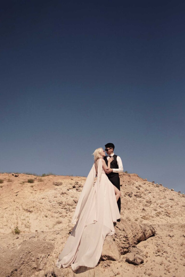 Bride Maria in a powder wedding dress by Taya