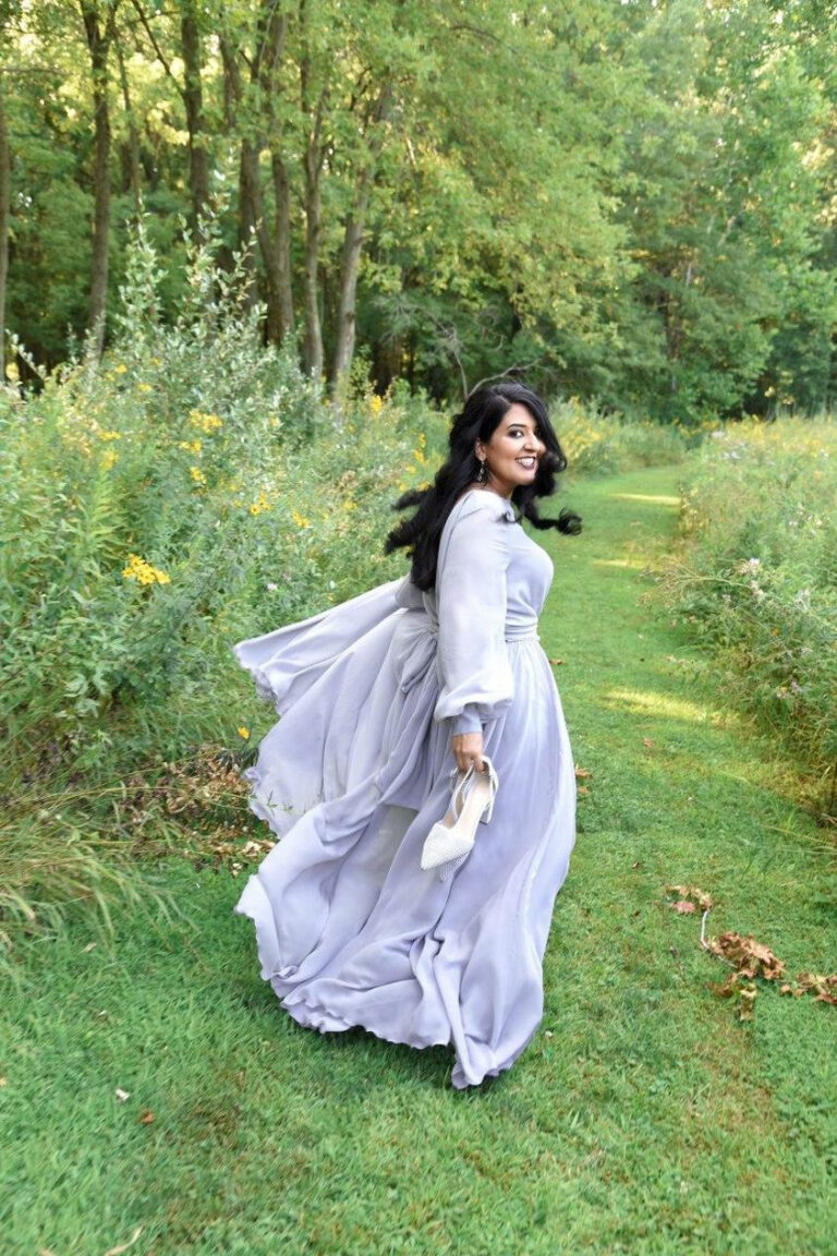 Nature photo shoot in gray Nirvana dress