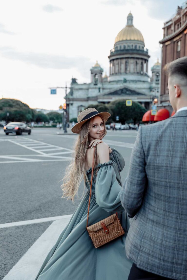 Walking in St. Petersburg bride Tatiana in olive dress Olivia