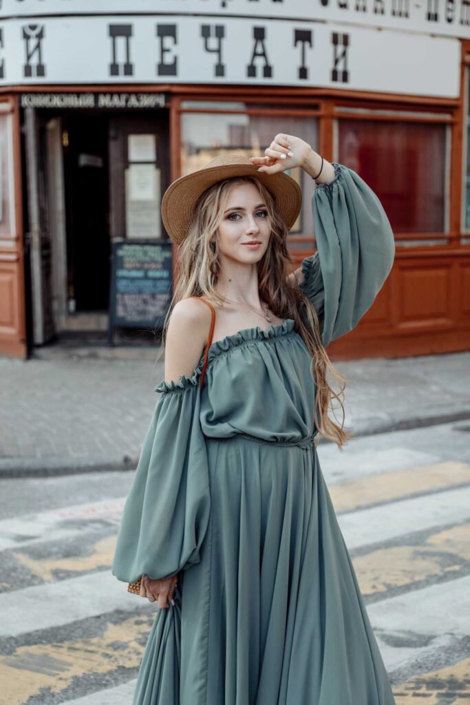 Photo Walking in St. Petersburg bride Tatiana in olive dress Olivia