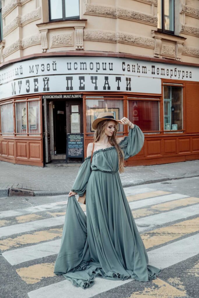 Photo Walking in St. Petersburg bride Tatiana in olive dress Olivia