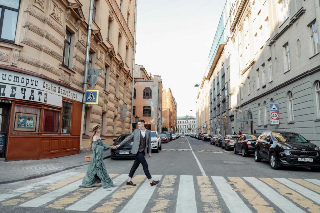 Photo Walking in St. Petersburg bride Tatiana in olive dress Olivia