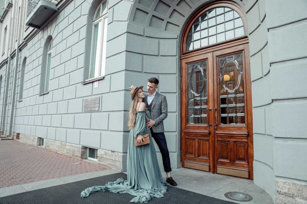 Photo Walking in St. Petersburg bride Tatiana in olive dress Olivia