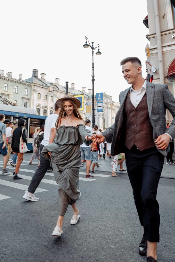 Photo Walking in St. Petersburg bride Tatiana in olive dress Olivia
