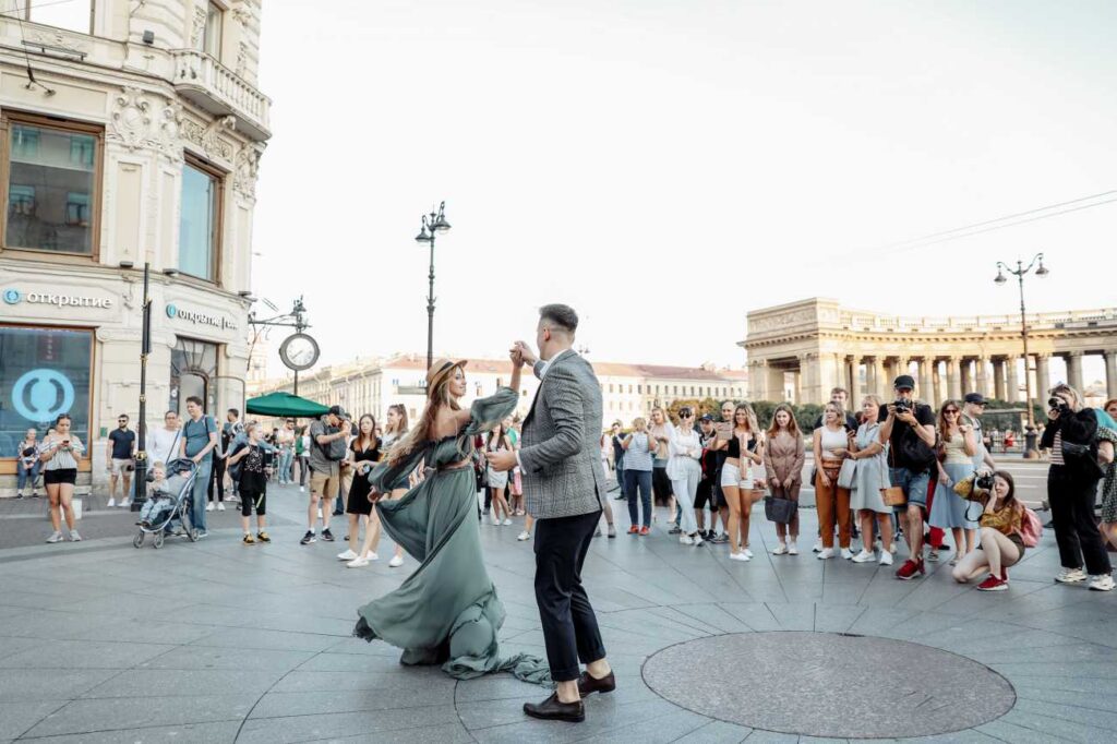 Photo Walking in St. Petersburg bride Tatiana in olive dress Olivia