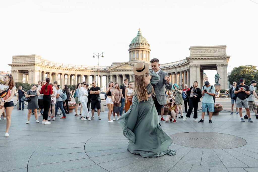 Photo Walking in St. Petersburg bride Tatiana in olive dress Olivia