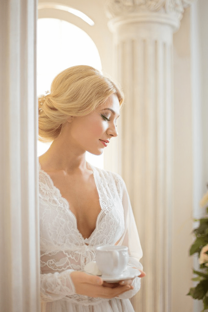 Morning of the bride shooting in a boudoir dress Chanel