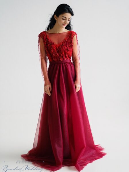 Burgundy evening dress Athena with hand embroidery and lace