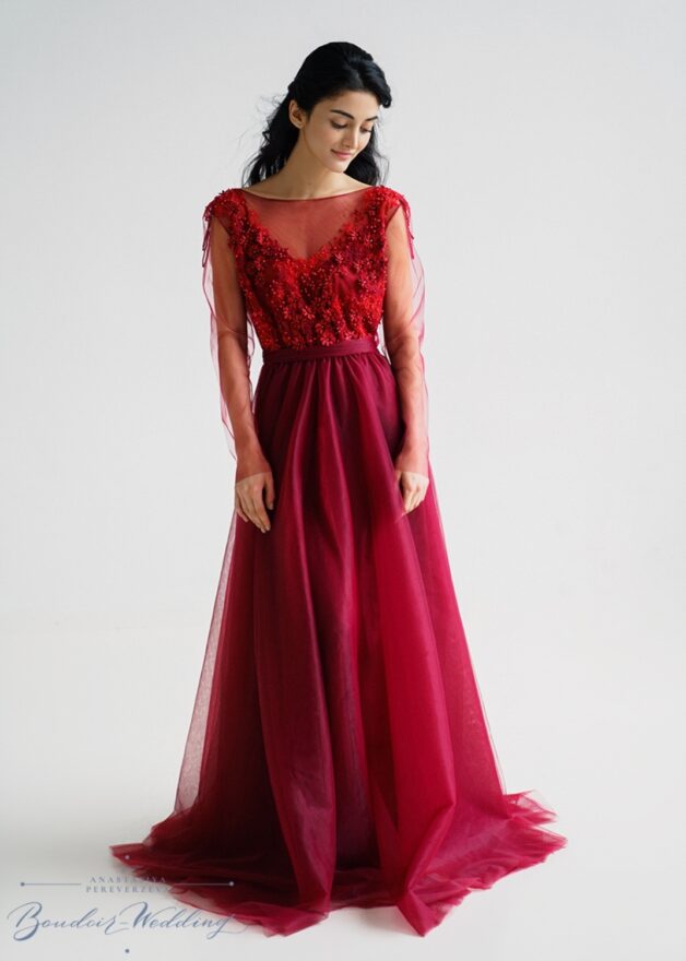 Burgundy evening dress Athena with hand embroidery and lace